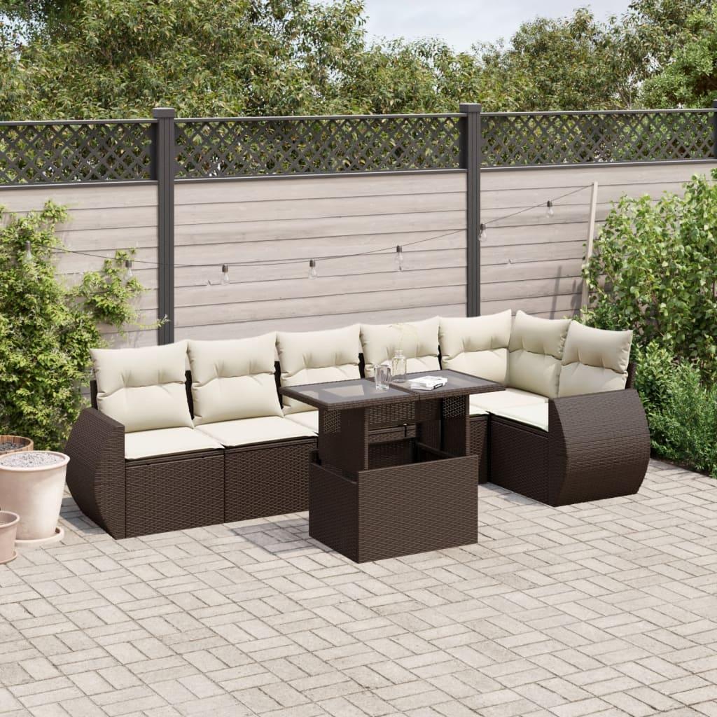 Sofasæt til haven i polyrattan - 7 dele med hynder, brun