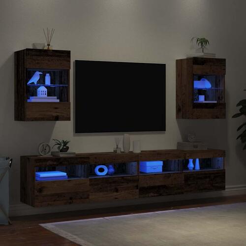 Væghængte tv-borde 2 stk. med LED-lys 40x30x60,5 cm antikt træ