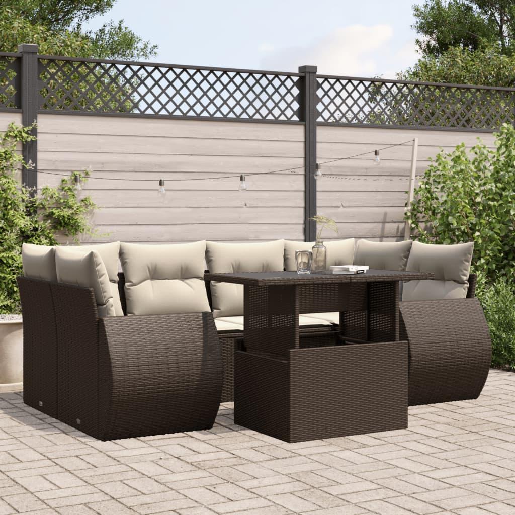 Havesofasæt i polyrattan, 7 dele med hynder - brun