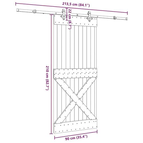 Skydedør med monteringssæt 90x210 cm massivt fyrretræ