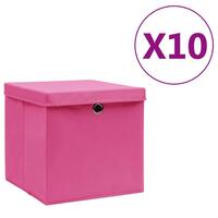 Opbevaringskasser med låg 10 stk. 28x28x28 cm pink