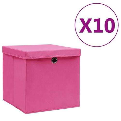 Opbevaringskasser med låg 10 stk. 28x28x28 cm pink