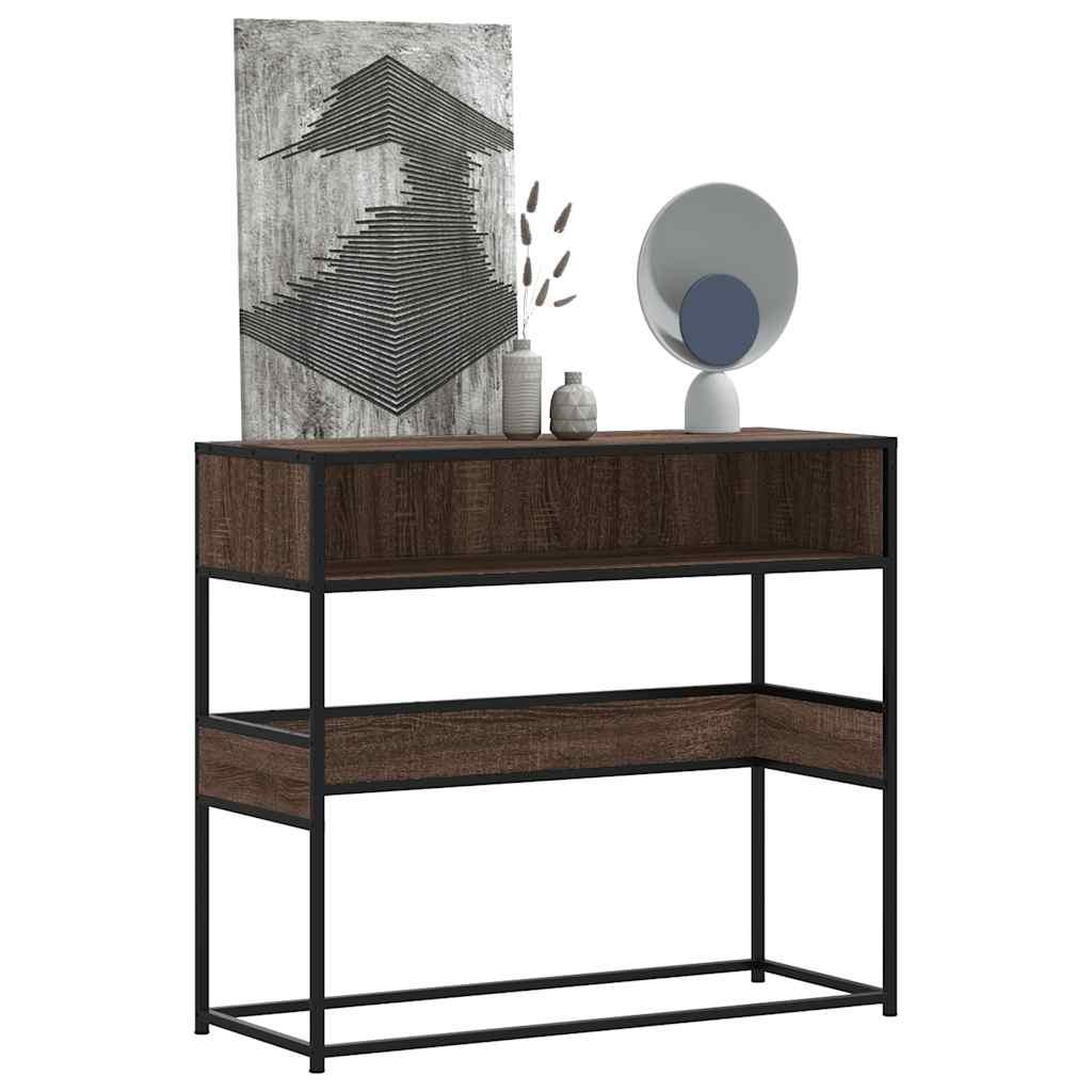 Konsolbord i brun egetræsfarve - 90 × 35 × 80 cm, konstrueret træ og metal billede