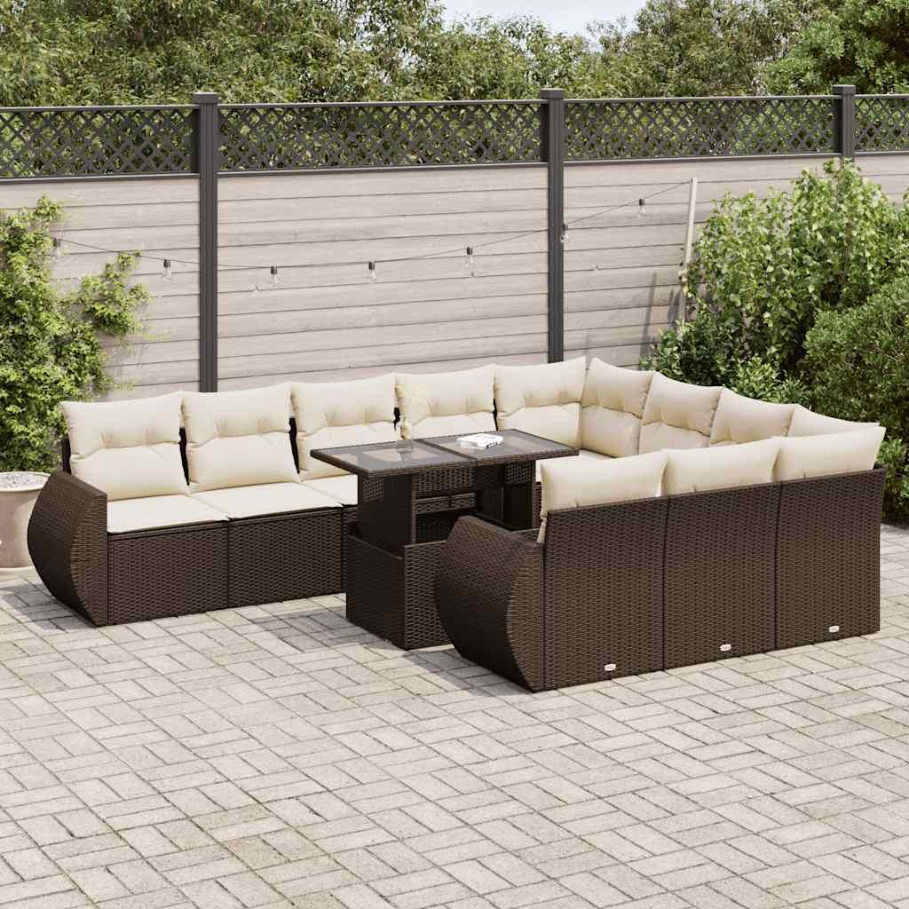Loungesæt til haven i polyrattan - 11 dele med hynder, brun