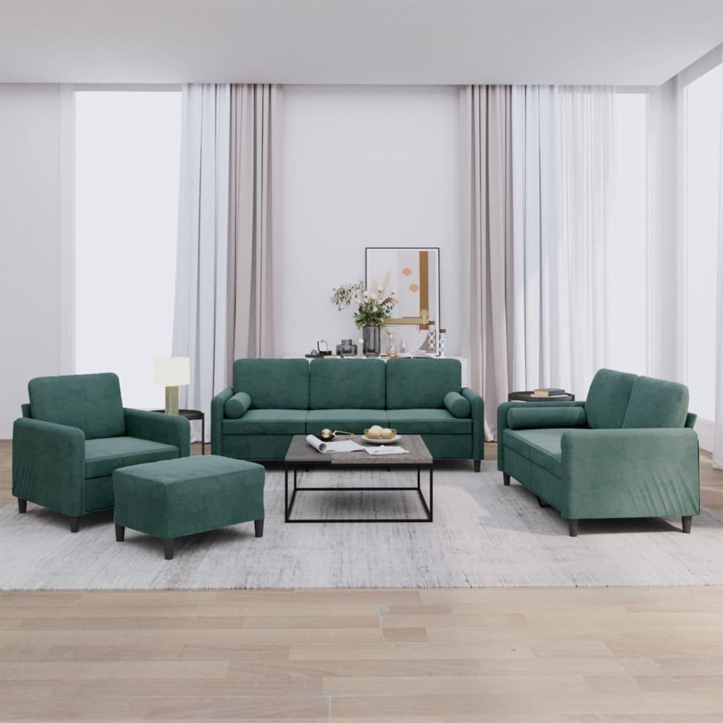 Sofasæt 4 dele med puder velour mørkegrøn