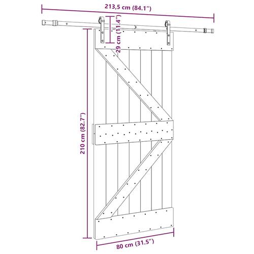 Skydedør med monteringssæt 80x210 cm massivt fyrretræ
