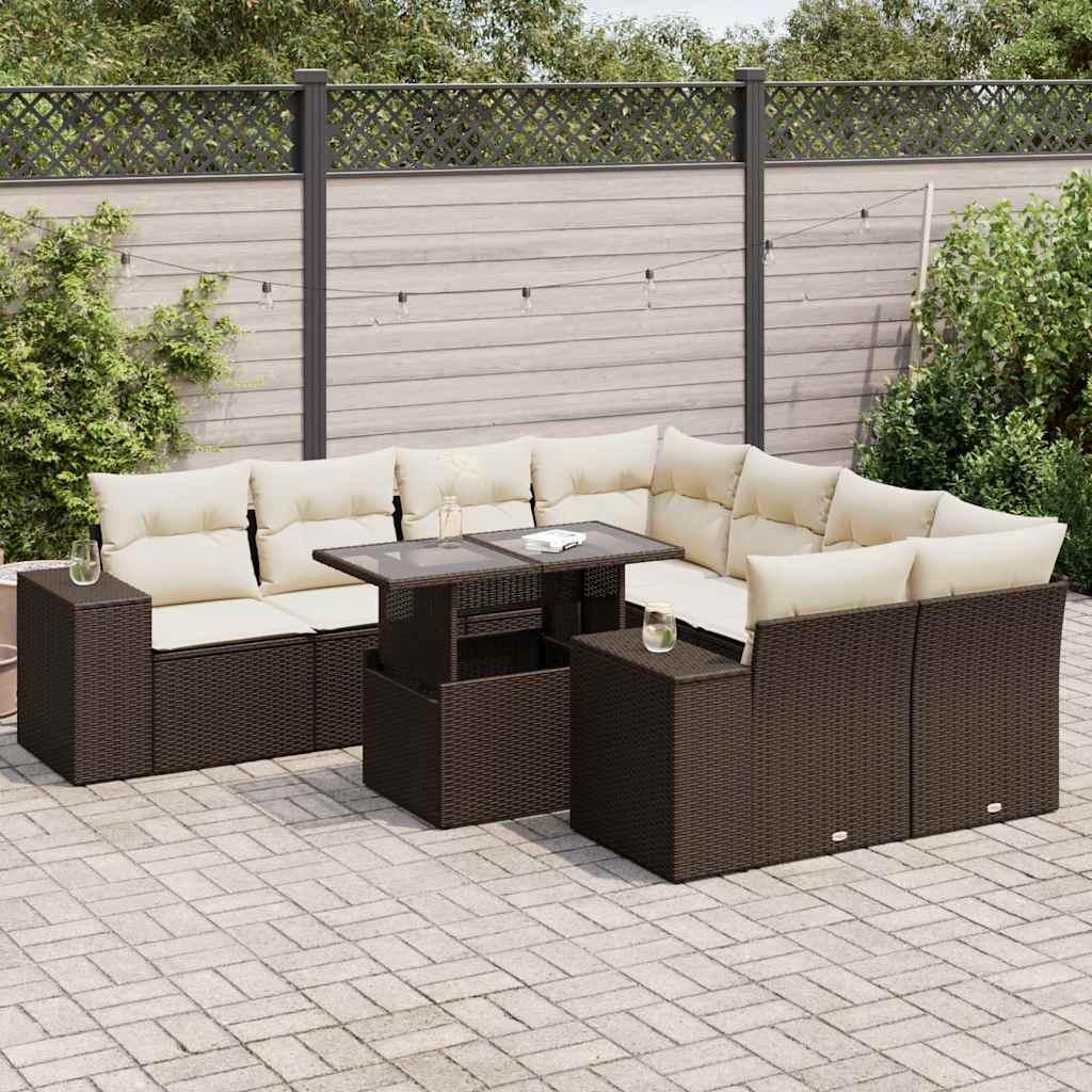 Sofasæt til haven i polyrattan - 9 dele med hynder, brun