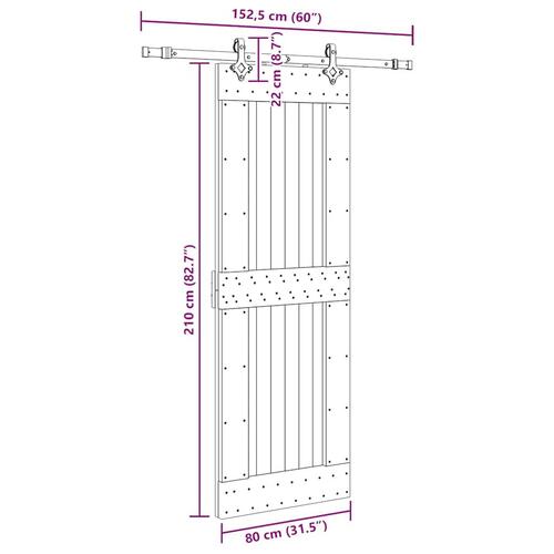 Skydedør med monteringssæt 80x210 cm massivt fyrretræ