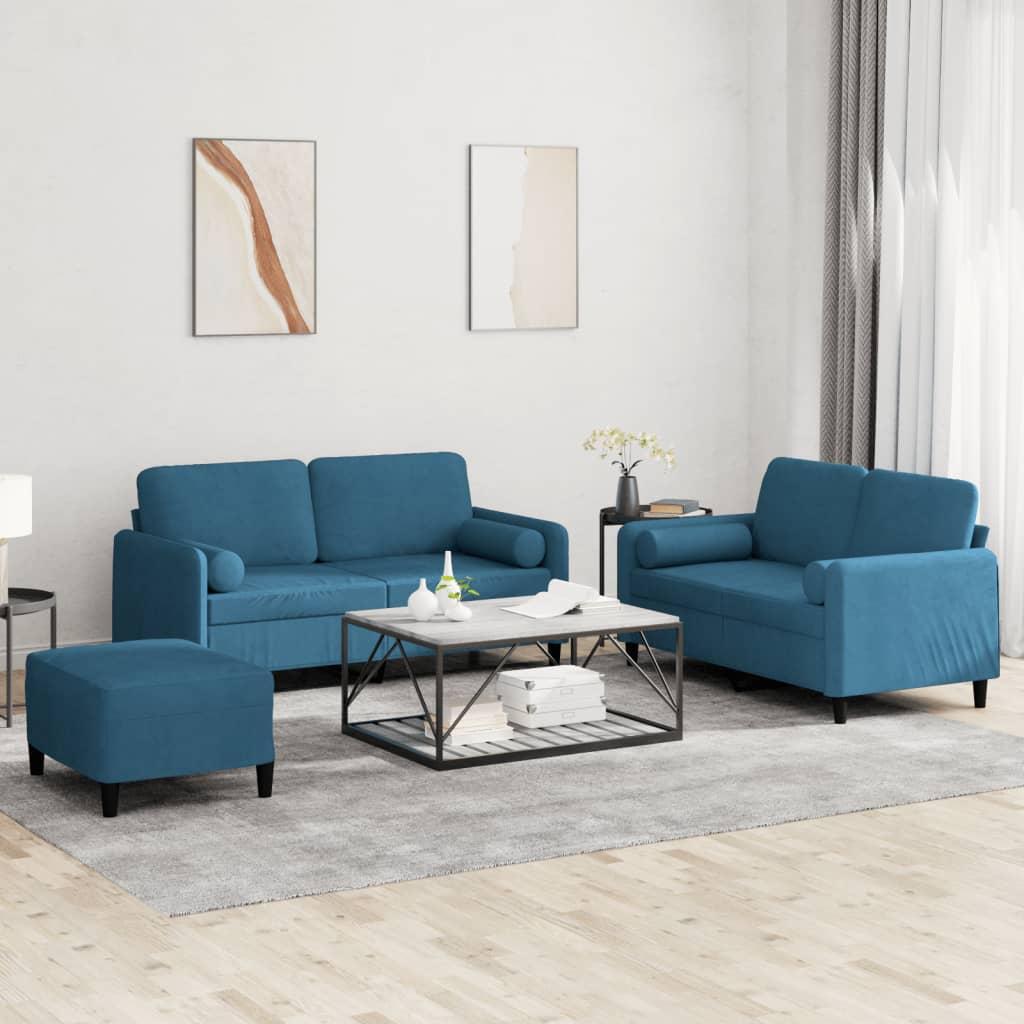 3 personers sofa med puder velour blå