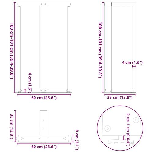 Barbordsben T-formet 2 stk 60x35x(100-101) cm stål hvid