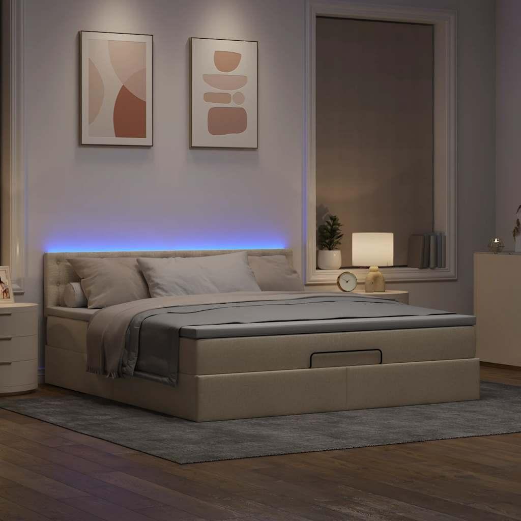 Ottoman seng med madras & LEDs 180x200cm stof cremefarvet billede