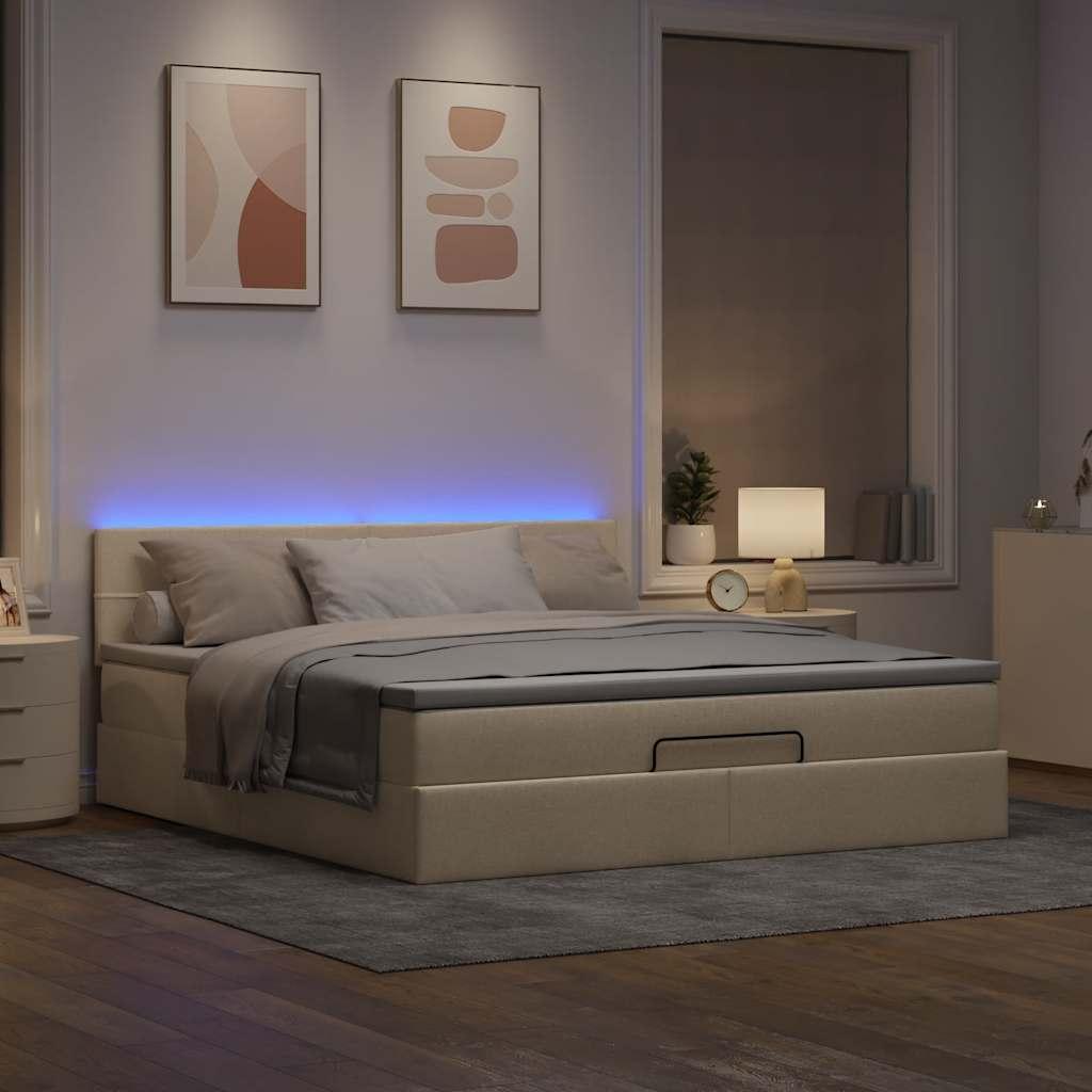 Ottoman seng med madras & LEDs 180x200cm stof cremefarvet billede
