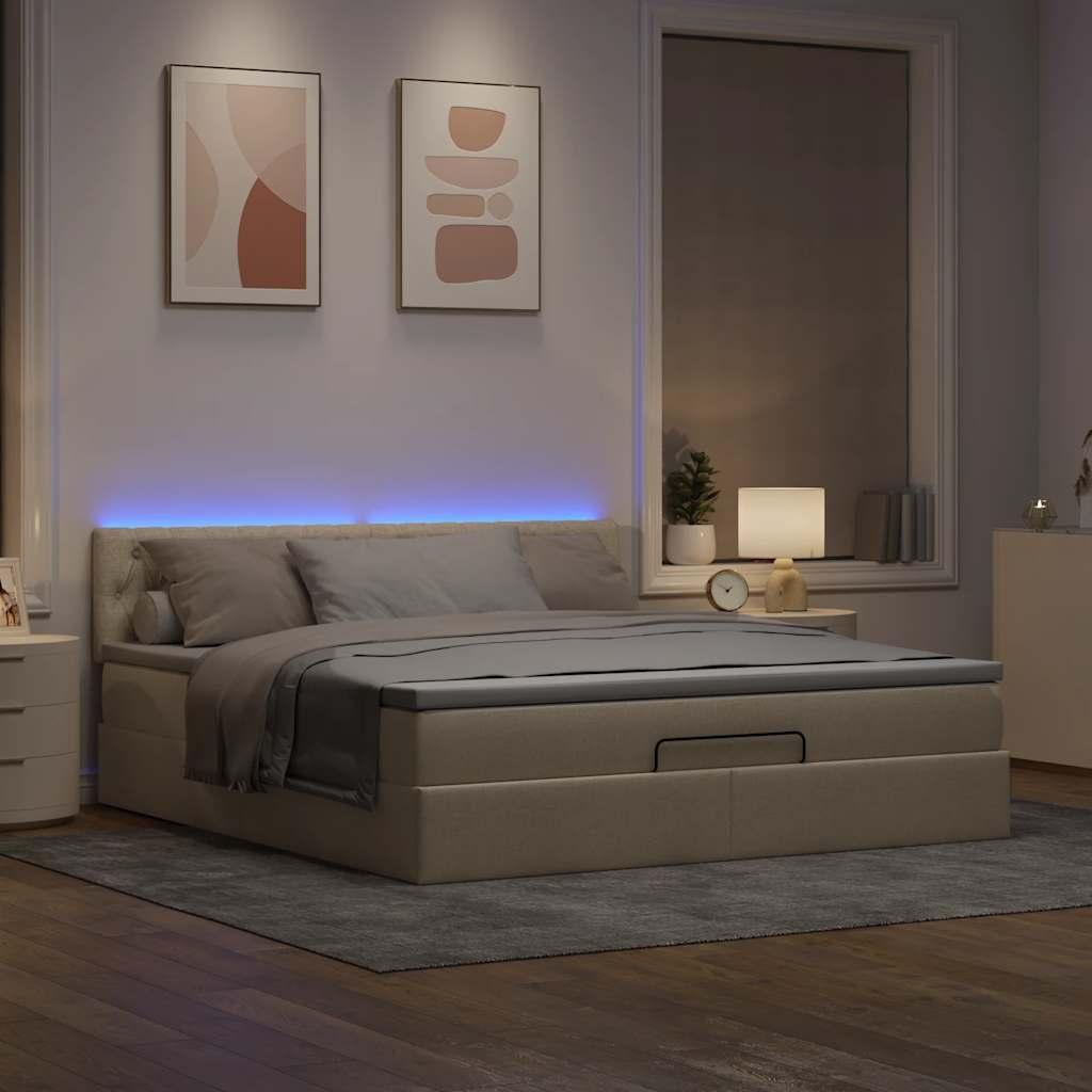 Ottoman seng med madras & LEDs 180x200cm stof cremefarvet billede