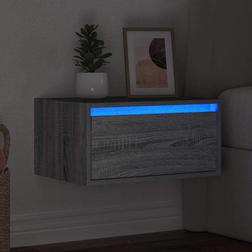 Væghængt sengebord med LED-lys grå sonoma-eg