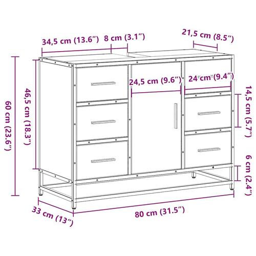 Underskab til håndvask 80x33x60 cm konstrueret træ røget eg
