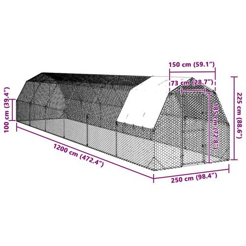 Hønsegård med tag 2,5x12x2,25 m galvaniseret stål
