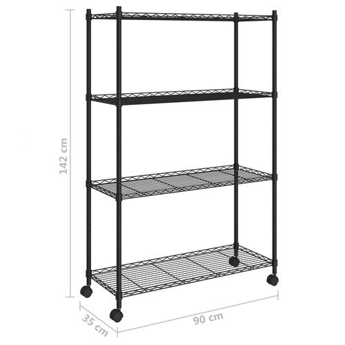 Opbevaringsstativ med 4 hylder og hjul 90x35x142 cm 200 kg sort