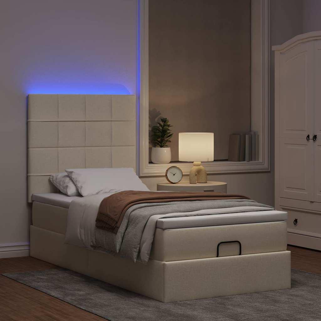 Ottoman seng med madras & LEDs 90x200 cm stof cremefarvet billede