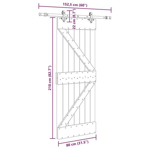 Skydedør med monteringssæt 80x210 cm massivt fyrretræ