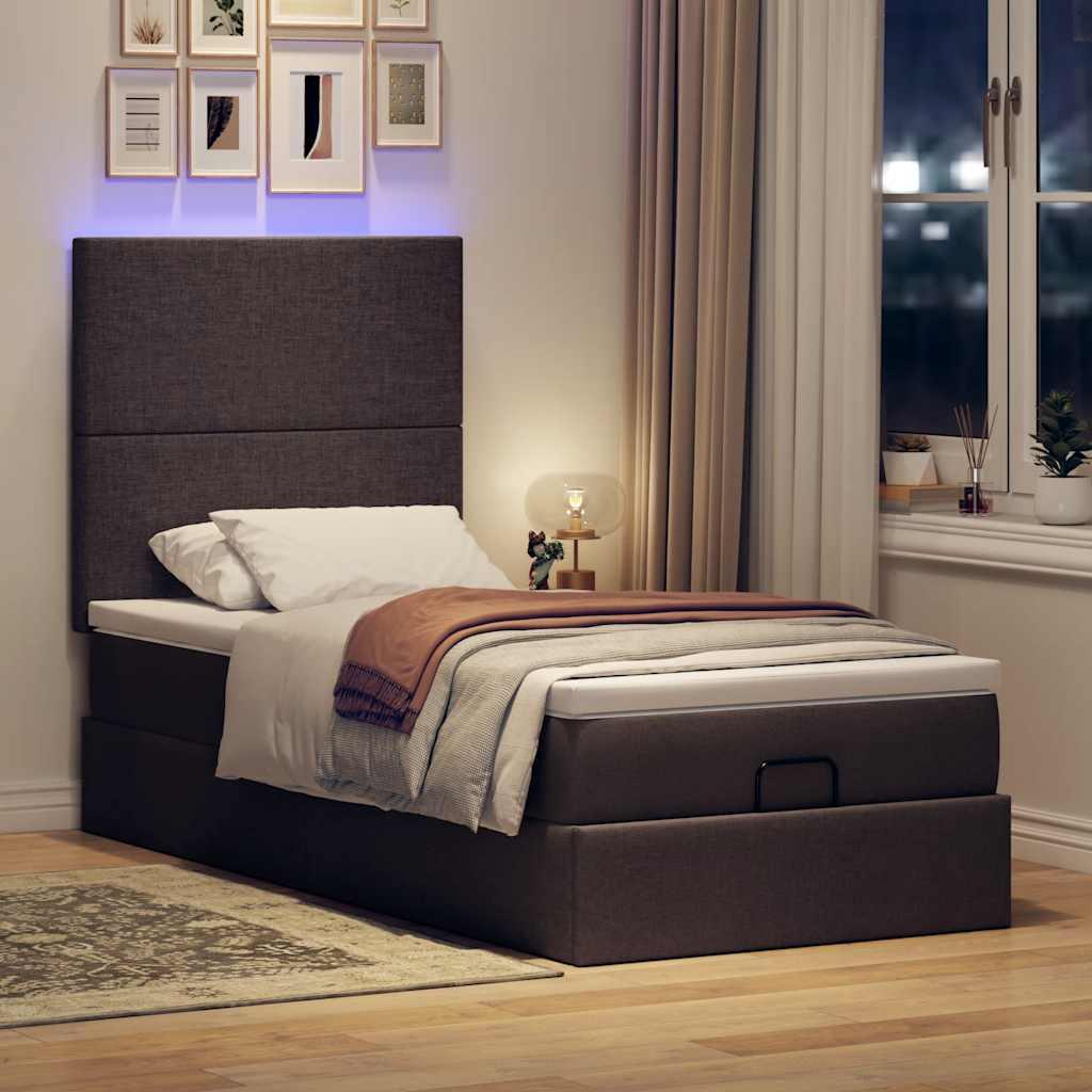 Ottoman seng med madras & LEDs 90x200 cm stof mørkebrun billede