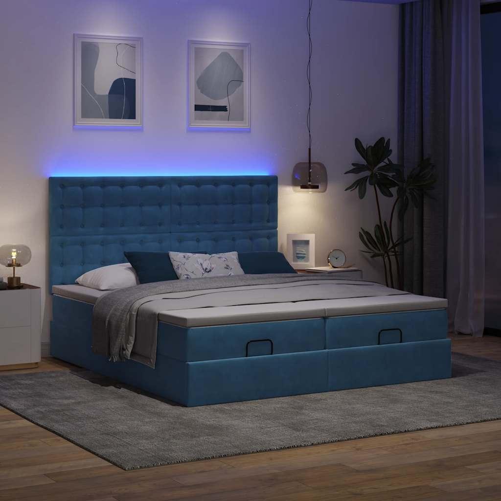 Ottoman seng med madrasser & LEDs Mørkeblå 200x200cm Fløjl billede
