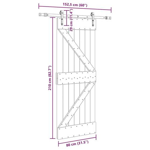 Skydedør med monteringssæt 80x210 cm massivt fyrretræ