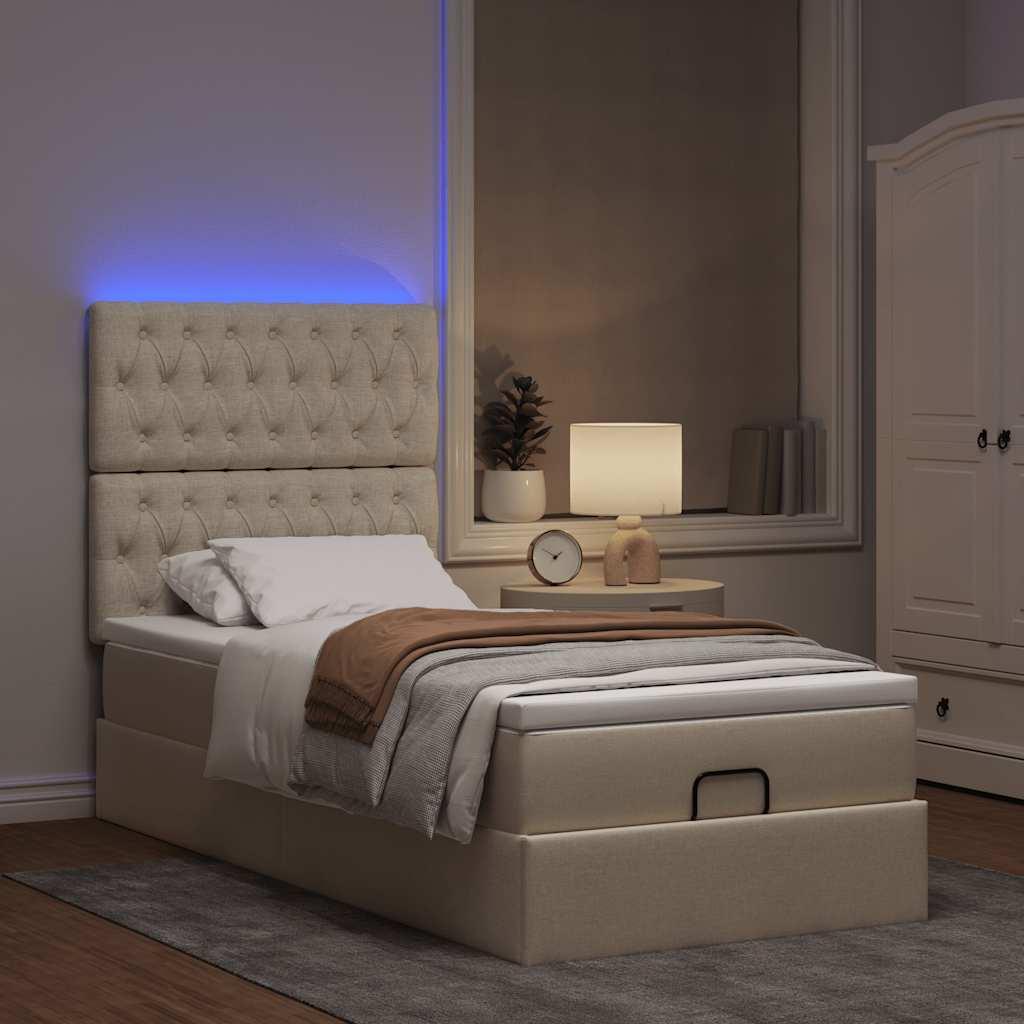 Ottoman seng med madras & LEDs 90x200 cm stof cremefarvet billede