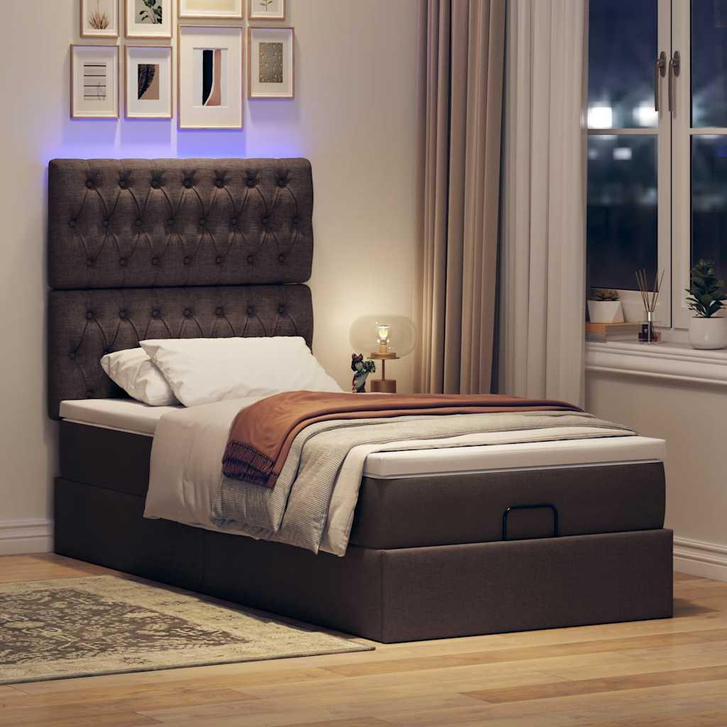 Ottoman seng med madras & LEDs 90x200 cm stof mørkebrun billede