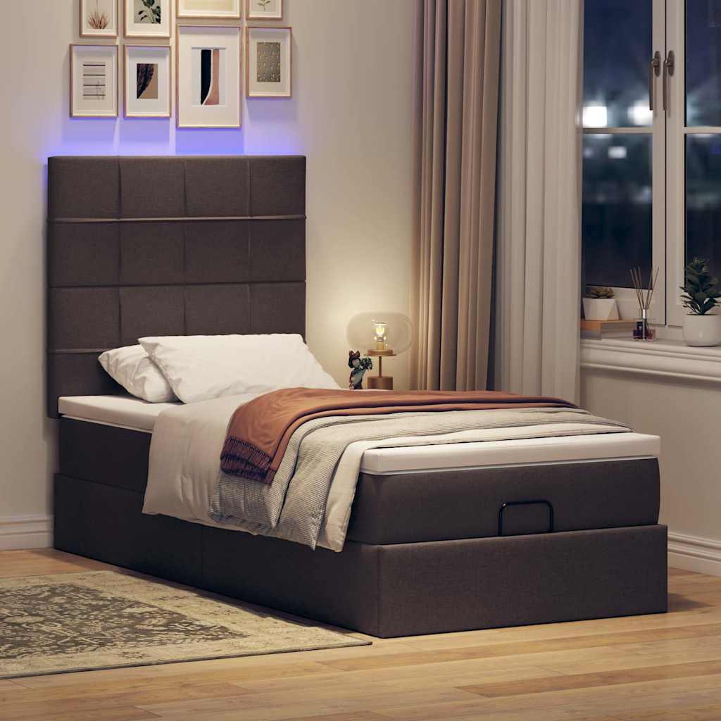 Ottoman seng med madras & LEDs 90x200 cm stof mørkebrun billede