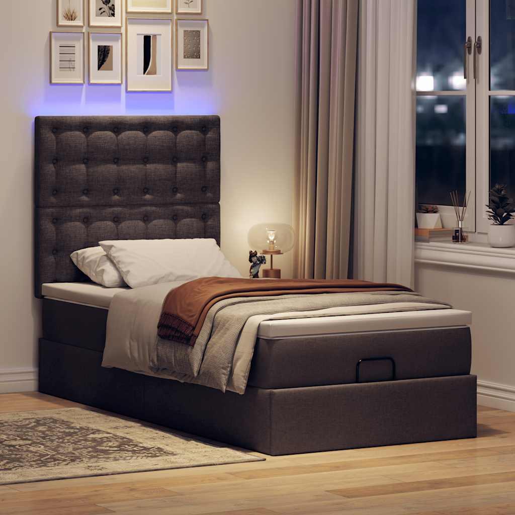 Ottoman seng med madras & LEDs 90x200 cm stof mørkebrun billede