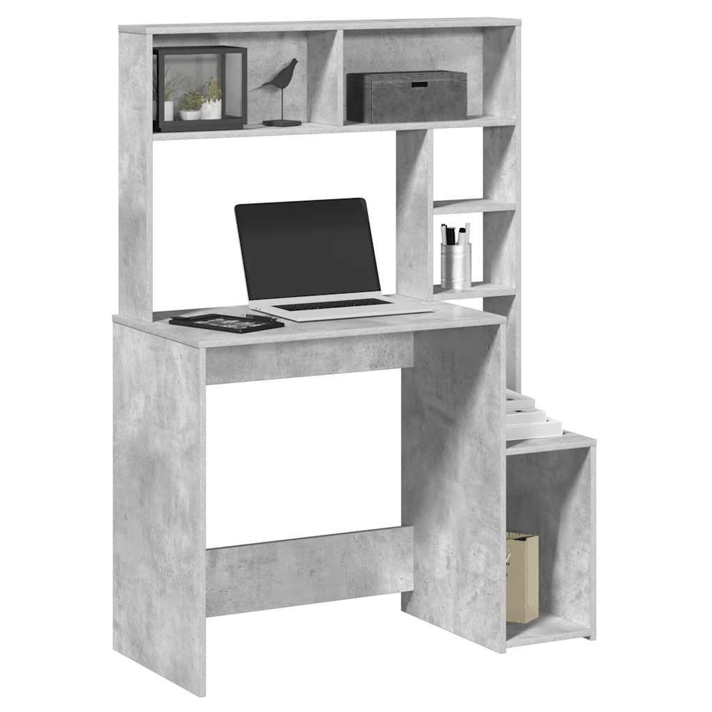 Skrivebord m. hylder 100x45x140 cm konstrueret træ betongrå
