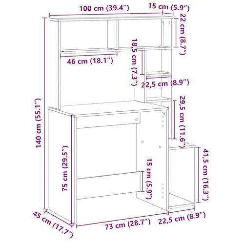 Skrivebord m. hylder 100x45x140 cm konstrueret træ betongrå