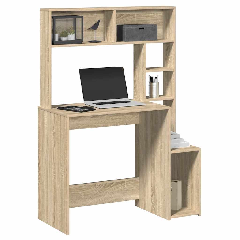 Skrivebord med hylder 100x45x140 cm konstrueret træ sonoma-eg
