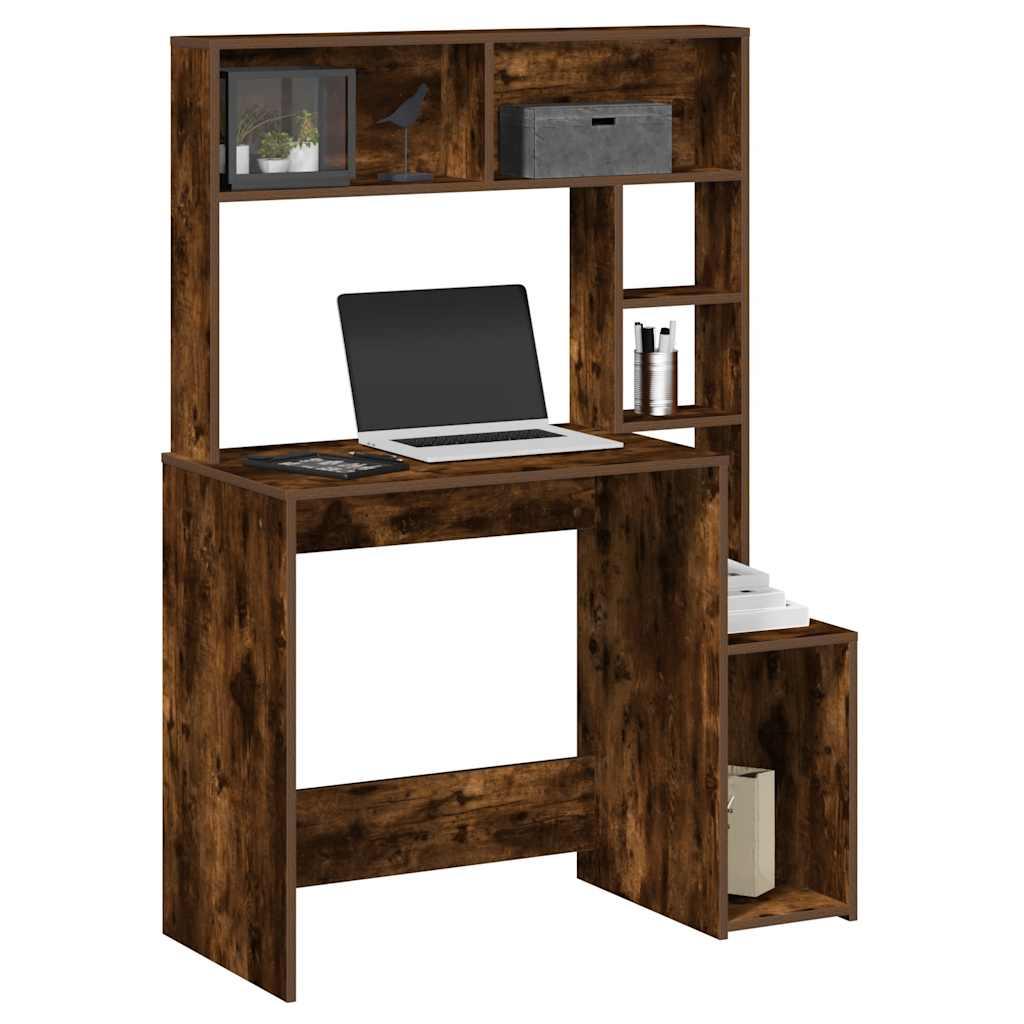 Skrivebord m. hylder 100x45x140 cm konstrueret træ røget egetræ
