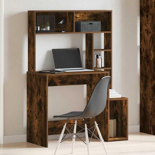 Skrivebord m. hylder 100x45x140 cm konstrueret træ røget egetræ