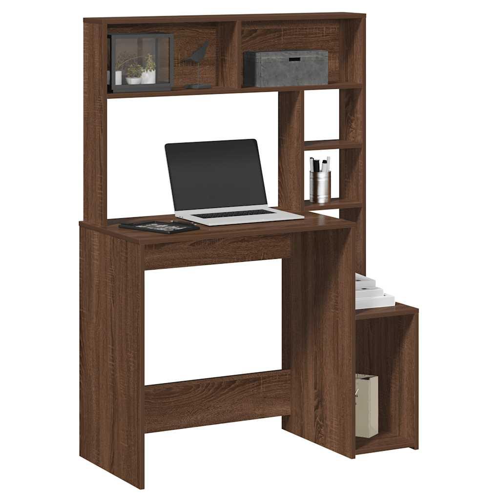 Skrivebord m. hylder 100x45x140 cm konstrueret træ brun egetræ