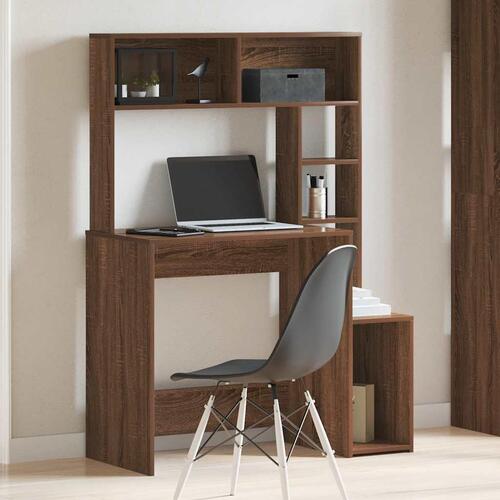 Skrivebord m. hylder 100x45x140 cm konstrueret træ brun egetræ