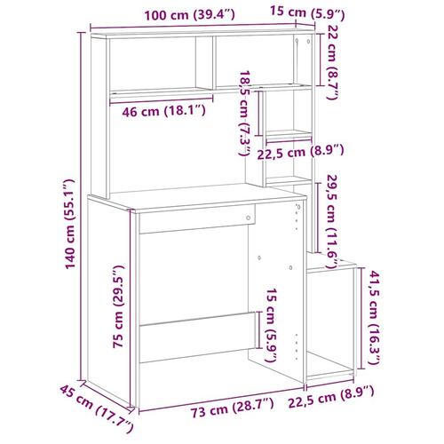 Skrivebord m. hylder 100x45x140 cm konstrueret træ brun egetræ