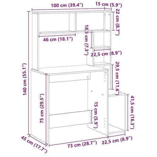 Skrivebord m. hylder 100x45x140 cm konstrueret træ hvid