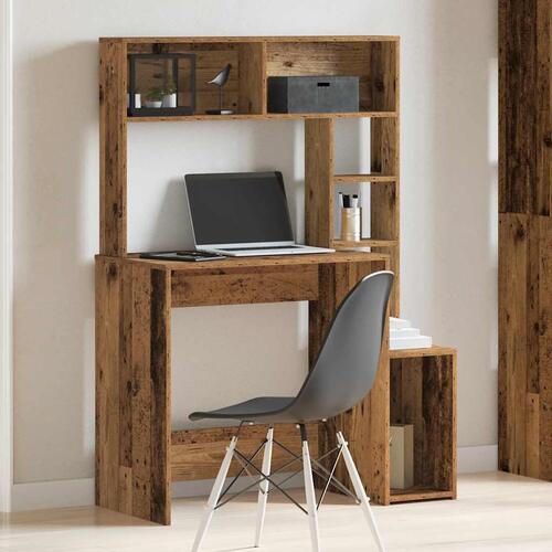 Skrivebord m. hylder 100x45x140 cm konstrueret træ antikt træ