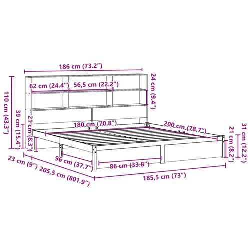 Seng med reol uden madras 180x200 cm massivt fyrretræ