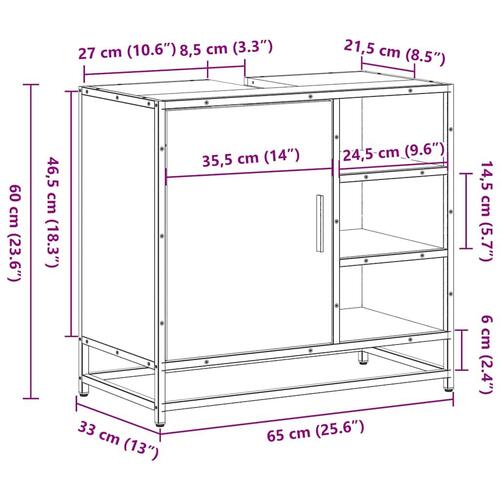 Skab til håndvask til badeværelse 65x33x60 cm brunt egetræ