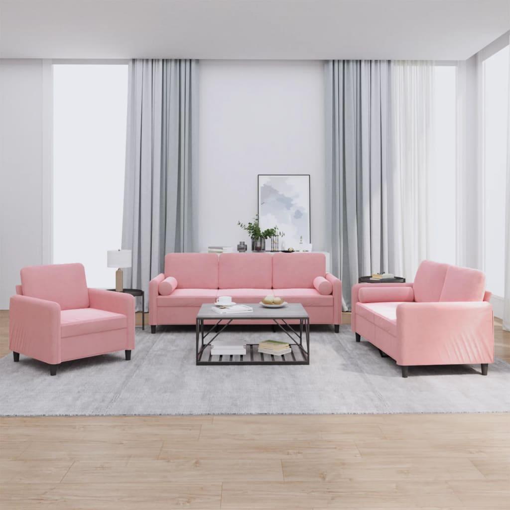 3 personers sofa med puder velour lyserød