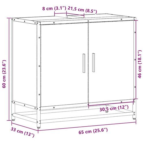 Skab til håndvask til badeværelse 65x33x60 cm brunt egetræ