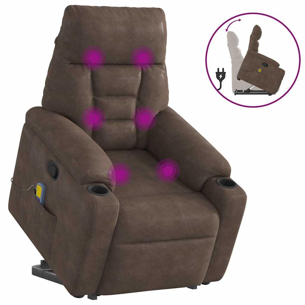 Massagestol med løftefunktion mikrofiberstof brun