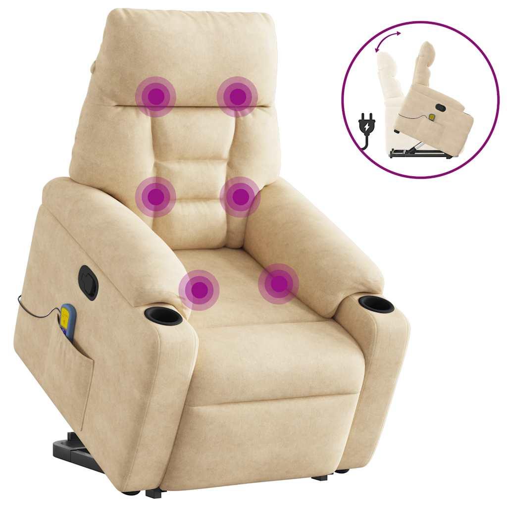 Massagestol med løftefunktion mikrofiberstof cremefarvet