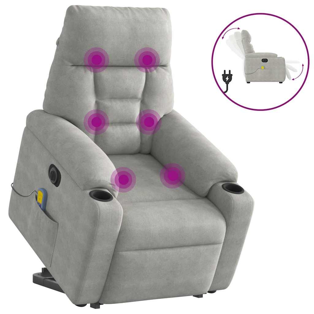 Massagestol med løftefunktion i mikrofiberstof lysegrå