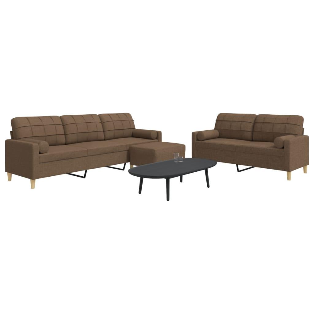 3 personers sofa med fodskammel og pyntepuder stof brun