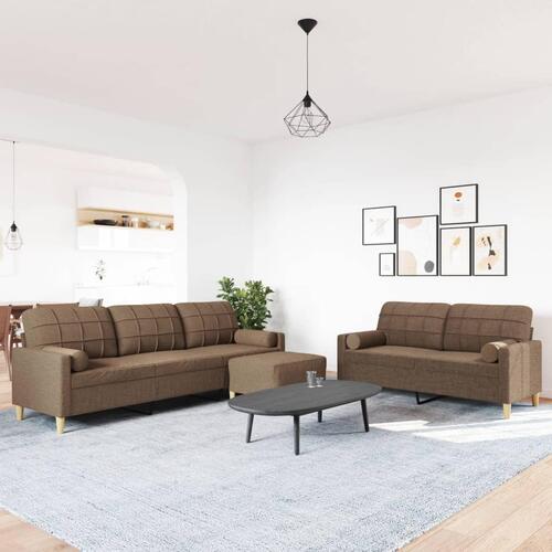 3 personers sofa med fodskammel og pyntepuder stof brun