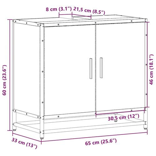 Skab til håndvask til badeværelse 65x33x60 cm røget egetræ